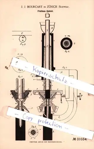 Original Patent  - J. J. Bourcart in Zürich , Schweiz , 1884 , Frictions-Spindel !!!
