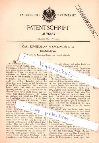 Original Patent  - Carl Kunzelmann in Säckingen a. Rh. , 1893 , Bandstuhlschützen !!!