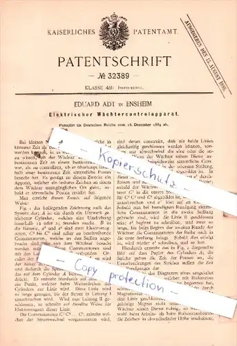 Original Patent  -  Eduard Adt in Ensheim , 1884 , Elektrischer Wächtercontrolapparat !!!