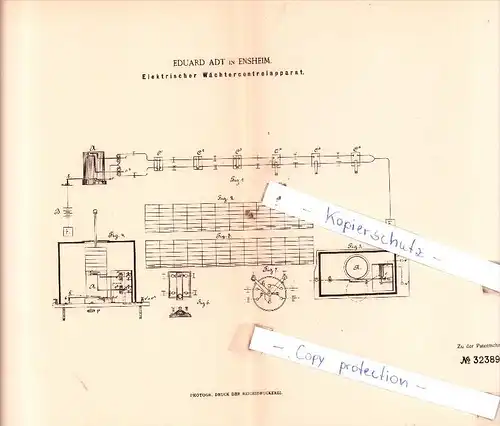 Original Patent  -  Eduard Adt in Ensheim , 1884 , Elektrischer Wächtercontrolapparat !!!