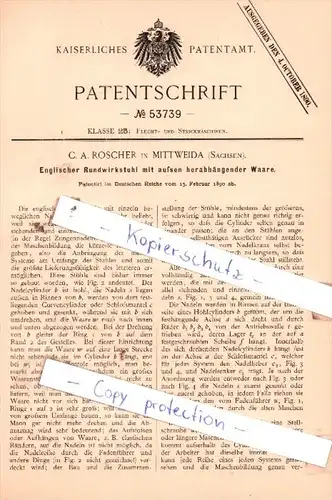 Original Patent  - C. A. Roscher in Mittweida , Sachsen , 1890 , Flecht- und Strickmaschinen !!!