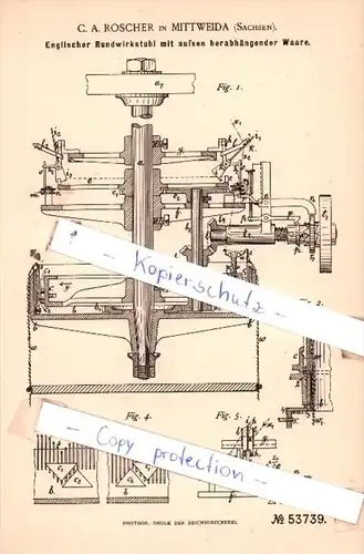 Original Patent  - C. A. Roscher in Mittweida , Sachsen , 1890 , Flecht- und Strickmaschinen !!!