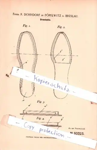 Original Patent  -  Firma R. Dorndorf in Pöpelwitz b. Breslau , 1896 , Brandsohle !!!