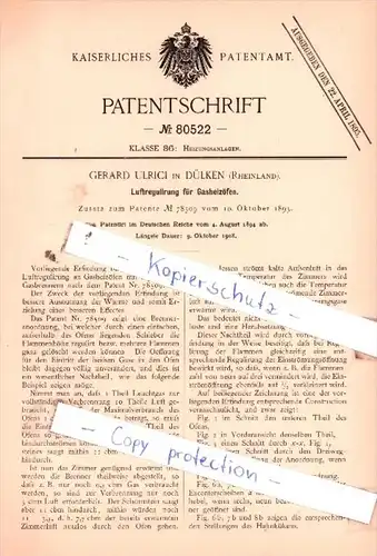 Original Patent  - Gerard Ulrici in Dülken , Rheinland , 1894 , Luftregulirung für Gasheizöfen !!!