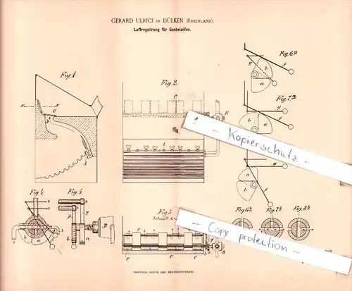 Original Patent  - Gerard Ulrici in Dülken , Rheinland , 1894 , Luftregulirung für Gasheizöfen !!!