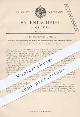 original Patent - Julius Maemecke in Berlin , 1899 , Überziehen von Walzen mit lichtempfindlichen Schichten | Druckwalze