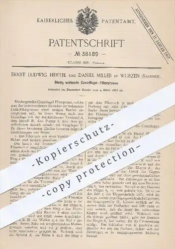original Patent - E. L. Hertel u. D. Miller , Wurzen , 1886 , Stetig wirkende Zentrifugal - Filterpresse | Presse !!!