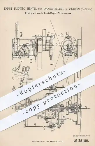 original Patent - E. L. Hertel u. D. Miller , Wurzen , 1886 , Stetig wirkende Zentrifugal - Filterpresse | Presse !!!