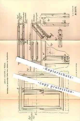 original Patent - Ernst Adolph , Weida , 1886 , gleichzeitiges Öffnen u. Schließen der Doppelfenster | Fenster !!!