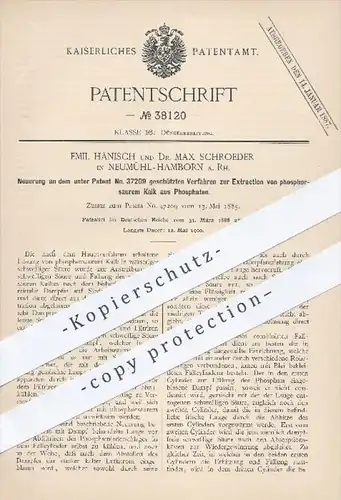 original Patent - E. Hänisch u. Dr. M. Schroeder , Neumühl Hamborn 1886 , Extraktion - phosphorsaurer Kalk aus Phosphat