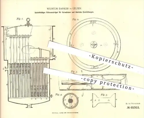 original Patent - Wilhelm Danker , Uelzen , 1892 , Röhrenreiniger für Vorwärmer | Zucker , Rüben , Zuckerfabrik !!!