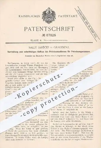 original Patent - Sally Jarecki , Graudenz , 1892 , Öffnen des Petroleumszuflusses für Petroleum - Gaslampen | Licht !!