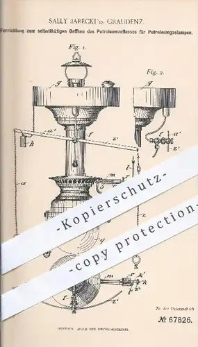 original Patent - Sally Jarecki , Graudenz , 1892 , Öffnen des Petroleumszuflusses für Petroleum - Gaslampen | Licht !!