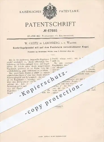 original Patent - W. Gleitz , Landsberg / Warthe  1892 , Zentrifugalpendel | Pendel , Regulator , Kraftmaschinen , Motor
