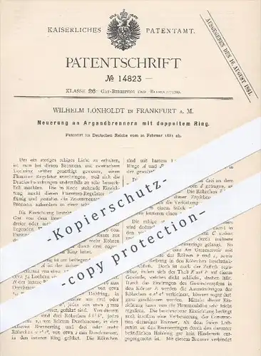 original Patent - Wilhelm Lönholdt , Frankfurt / Main , 1881 , Argand - Brenner mit doppeltem Ring | Gasbrenner , Licht