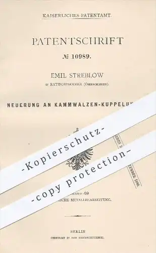 original Patent - Emil Streblow , Ratiborhammer , Schlesien , 1880 , Kammwalzen - Kuppelungen | Metall , Eisen , Walzen