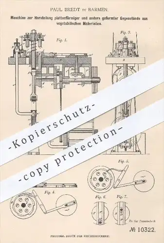 original Patent - Paul Bredt , Barmen , 1879 , Herstellung von Gegenständen aus pflanzlichem Material | Papier , Holz !!