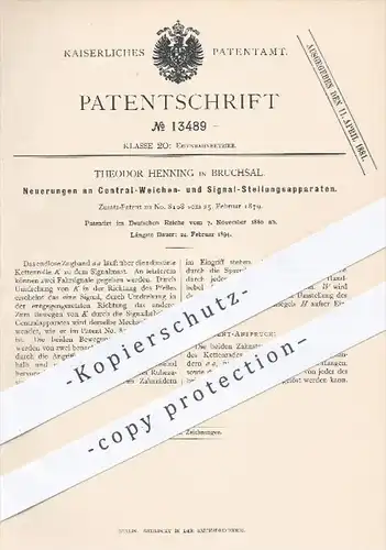 original Patent - Theodor Henning , Bruchsal , 1880 , Stellungsapparat für Signale u. Weichen - Eisenbahn | Eisenbahnen