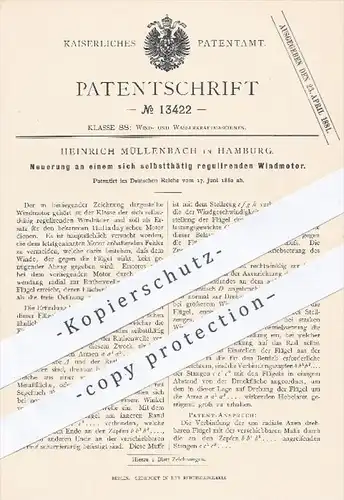 original Patent - H. Müllenbach , Hamburg , 1880 , selbst regulierender Windmotor | Windkraft , Kraftmaschinen , Motor !