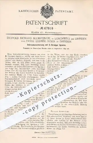 original Patent - L. R. Blumstengel , Loschwitz | E. L. Röhn Dresden , 1892 , Schraubensicherung mit S-förmiger Spreize
