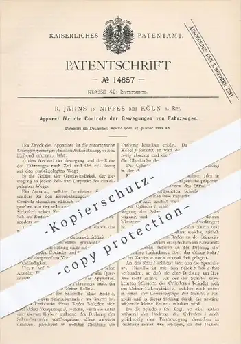 original Patent - R. Jähns , Köln  Nippes / Rhein , 1881 , Kontrolle der Bewegungen der Fahrzeuge | Fahrzeug , Automobil