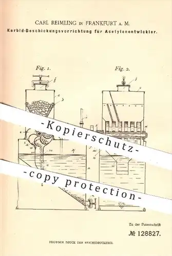 original Patent - Carl Reimling , Frankfurt / Main , 1901 , Karbid - Beschickung für Acetylenentwickler | Acetylen !!!
