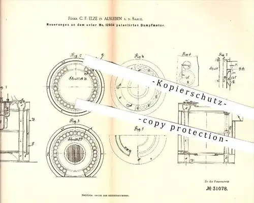 original Patent - C. F. Elze , Alsleben / Saale , 1884 , Dampfmotor | Motor , Motoren , Dampfmaschinen , Dampf !!!