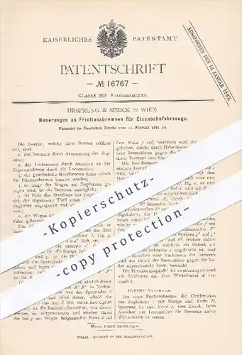 original Patent - Ursprung & Sprick in Wien , 1881 , Friktionsbremsen für Eisenbahnen | Bremse , Bremsen , Eisenbahn !!!