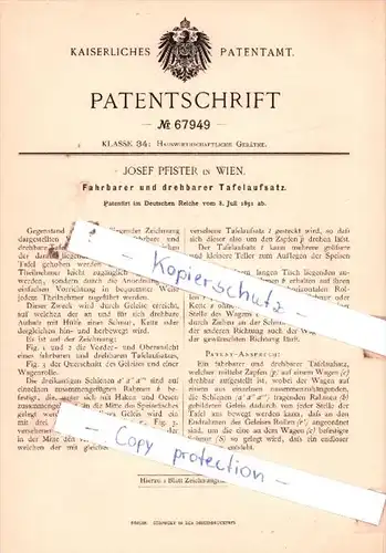 Original Patent  - Josef Pfister in Wien , 1891 ,  Fahrbarer und drehbarer Tafelaufsatz !!!