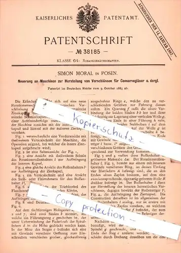 Original Patent  - Simon Moral in Posen , 1885 , Schankgeräthschaften !!!