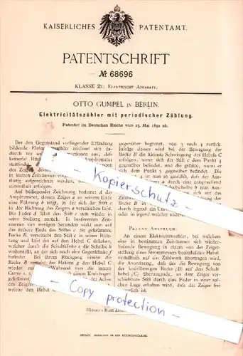 Original Patent  - Otto Gumpel in Berlin , 1892 , Elektricitätszähler mit periodischer Zählung !!!