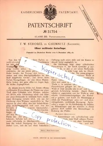 Original Patent  - F. W. Strobel in Chemnitz , Sachsen , 1884 , Papierfabrikation !!!