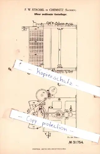 Original Patent  - F. W. Strobel in Chemnitz , Sachsen , 1884 , Papierfabrikation !!!
