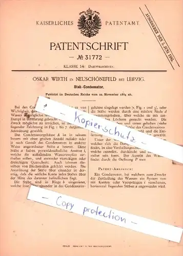 Original Patent  - Oskar Wirth in Neuschönefeld bei Leipzig , 1884 , Dampfmaschinen !!!