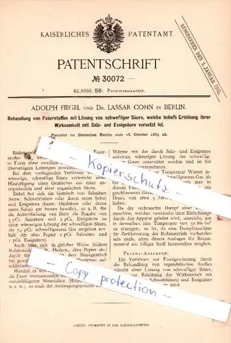 Original Patent  -  Adolph Fiegel und Dr. Lassar Cohn in Berlin , 1883 , Papierfabrikation !!!