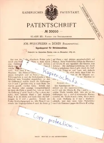 Original Patent  - Jos. Pflugfelder in Düren , Rheinprovinz , 1883 , Flecht- und Strickmaschinen !!!