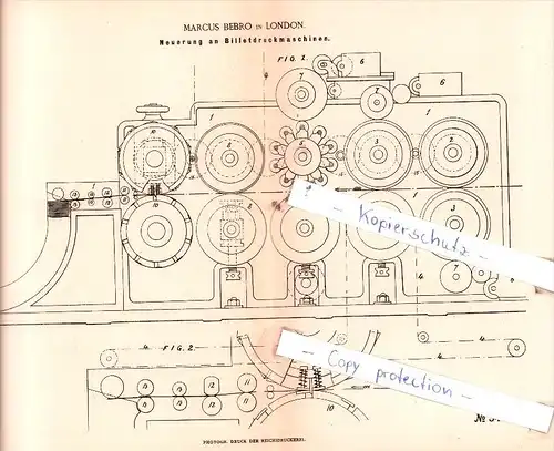 Original Patent  - Marcus Bebro in London , 1885 , Neuerung an Billetdruckmaschinen !!!