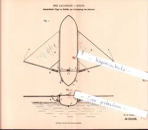 Original Patent  - Emil Lachmann in Berlin , 1892 , Ausspreizbare Flügel an Schiffen !!!