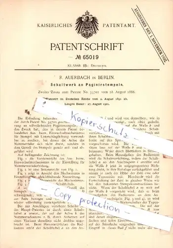 Original Patent  - R. Auerbach in Berlin , 1891 ,  Schaltwerk an Paginirstempeln !!!
