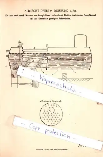 Original Patent  - Albrecht Drees in Duisburg a. Rh. , 1891 , Dampfkessel nebst Ausrüstung !!!