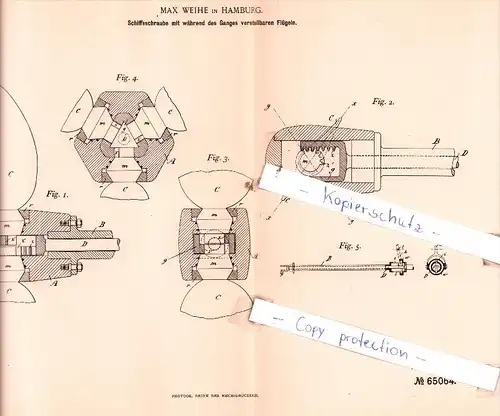 Original Patent  - Max Weihe in Hamburg , 1891 , Schiffsbau und Schiffsbetrieb !!!