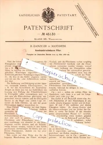 Original Patent  - B. Danziger in Mannheim , 1888 , Auseinandernehmbares Filter !!!