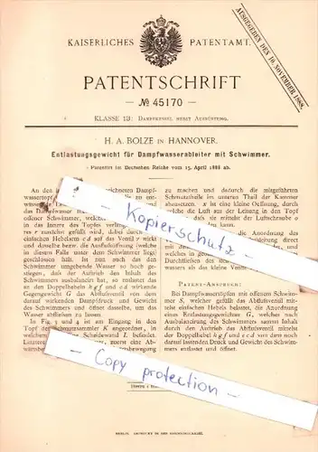 Original Patent  -  H. A. Bolze in Hannover , 1888 , Dampfkessel nebst Ausrüstung !!!