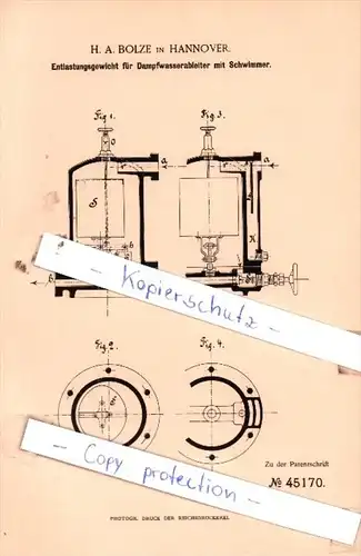 Original Patent  -  H. A. Bolze in Hannover , 1888 , Dampfkessel nebst Ausrüstung !!!