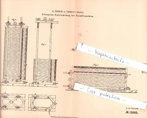 Original Patent  - A. Siedle in Triberg , Baden , 1881 , Einspann-Vorrichtung für Formflaschen !!!