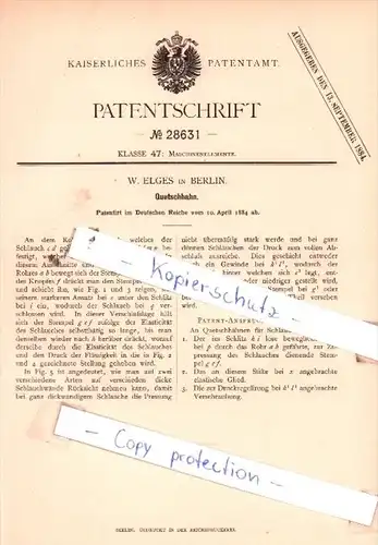 Original Patent  - W. Elges in Berlin , 1884 , Quetschhahn !!!