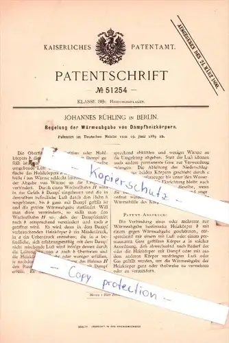 Original Patent  - Johannes Rühling in Berlin , 1889 , Heizungsanlagen !!!