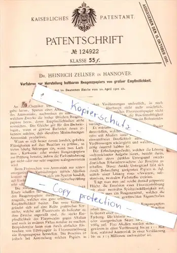 Original Patent  -  Dr. Heinrich Zellner in Hannover , 1901 , Herstellung haltbaren Reagenzpapiers !!!