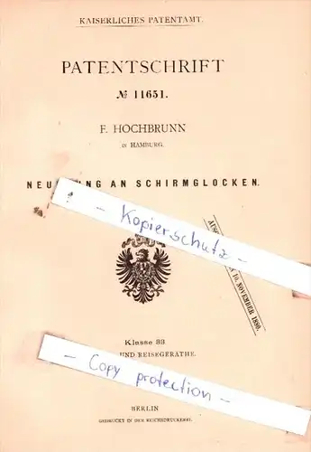 Original Patent  - F. Hochbrunn in Hamburg , 1880 , Neuerung an Schirmglocken !!!