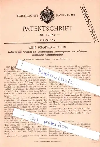 Original Patent  - Aisik Schapiro in Berlin , 1900 , Hektographenblätter !!!